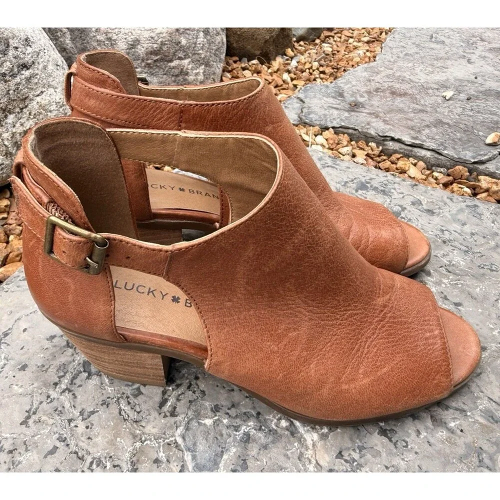 Lucky Brand Barimo Open Toe Booties Women Size 8 M Brown Leather Block Heels